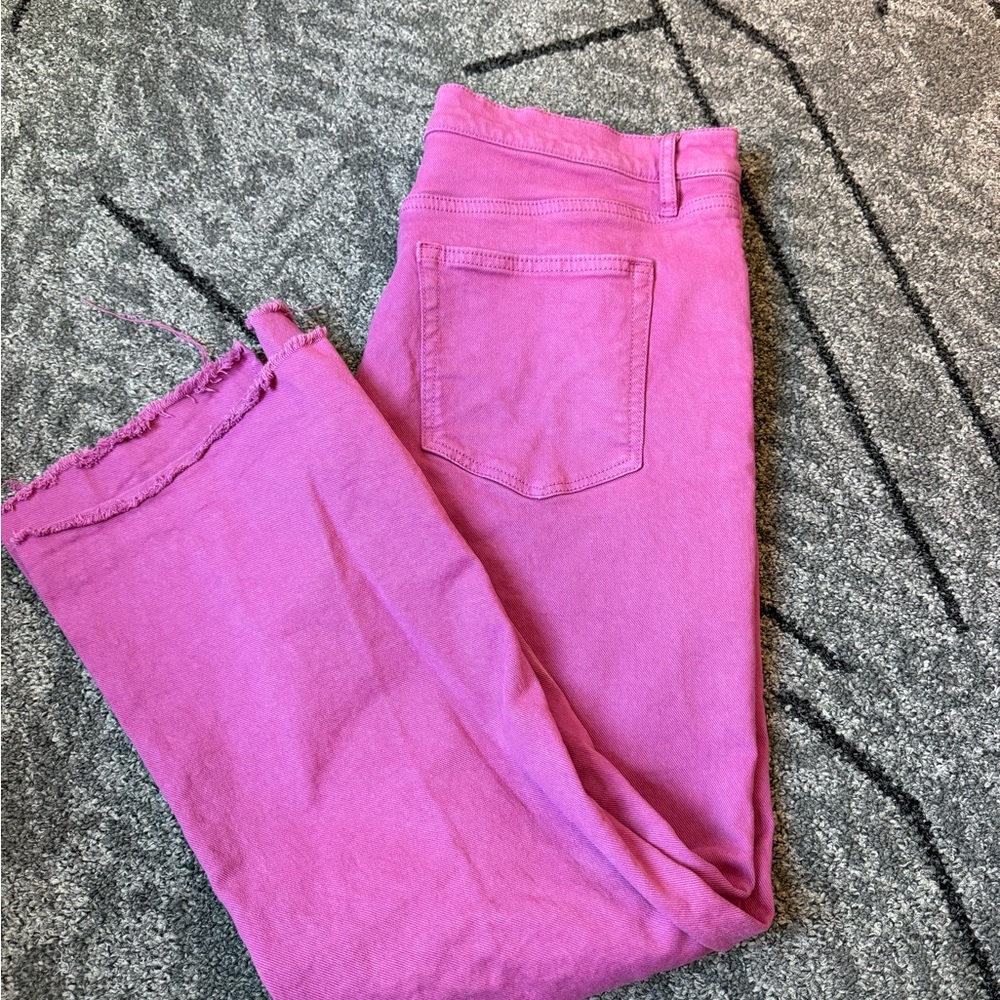 LOFT Pink Kick Crop Split Hem Frayed High Rise Jeans